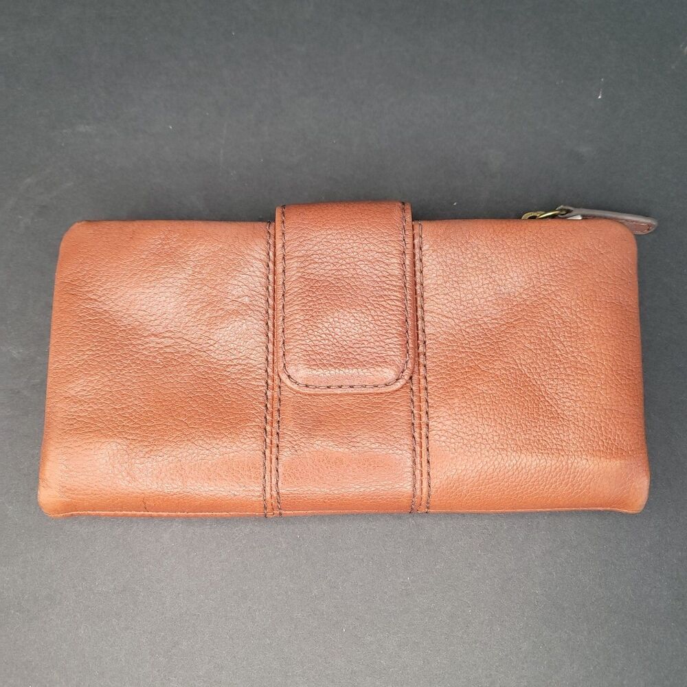 Vintage Fossil Ella Bifold Long Wallet Brown Leather Clutch Organizer 7.5"